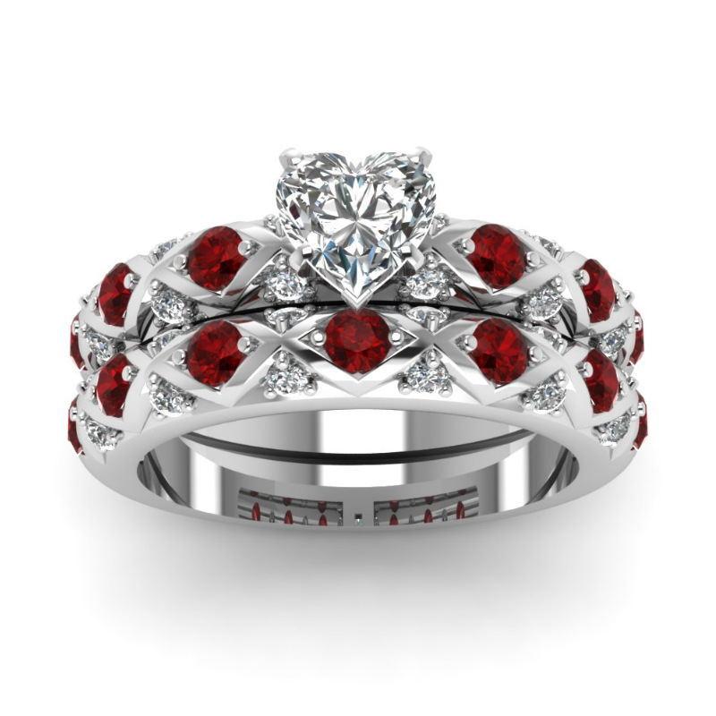 Inele de cuplu de modă Set de inele CZ cu cristal alb de inimă pentru femei Inel din oțel inoxidabil cu incrustație de lemn roșu pentru bărbați, bijuterii, cadouri