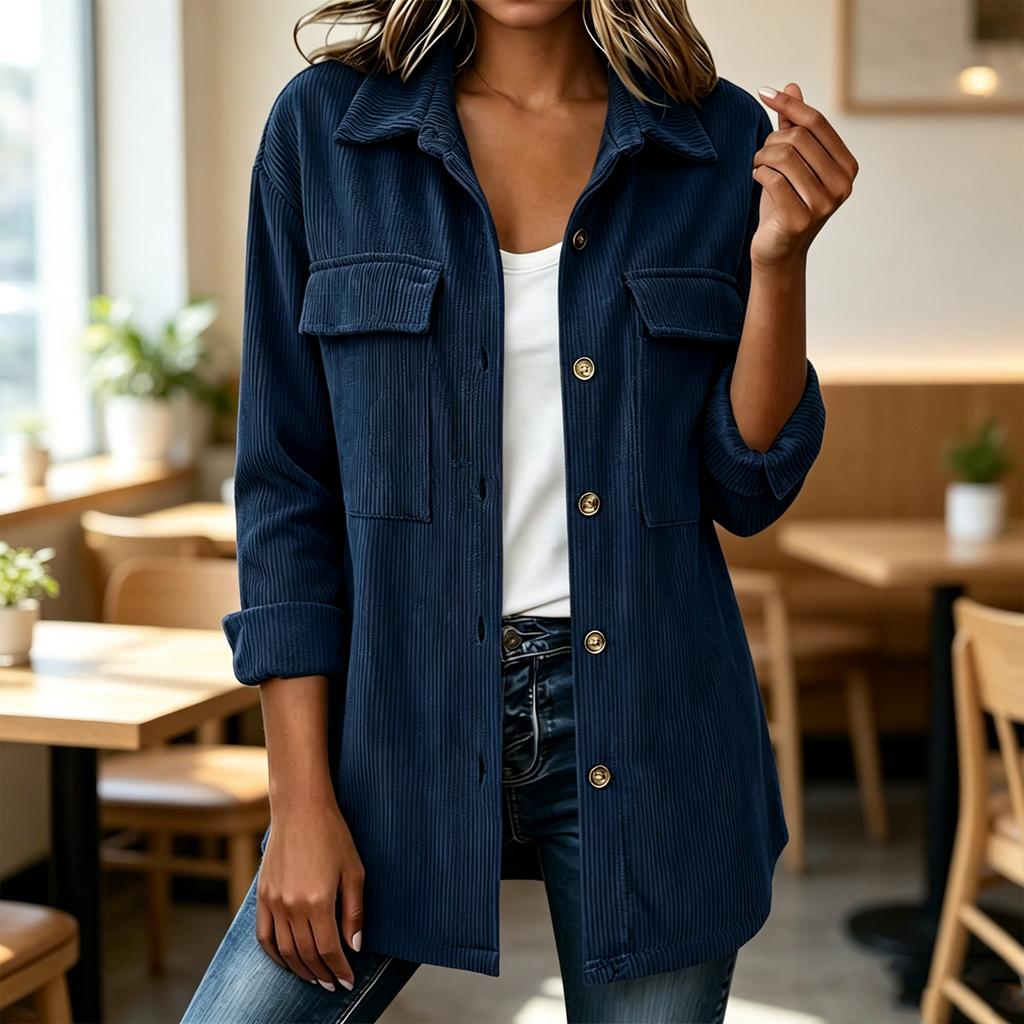 Women's loose corduroy button-down long-sleeved blouse with double pockets