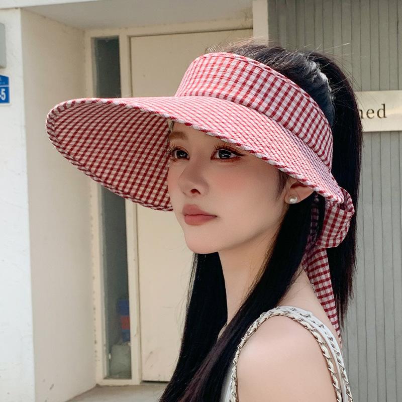 Summer sunscreen hat women's outdoor fresh plaid sun hat streamer bow large brim empty top hat