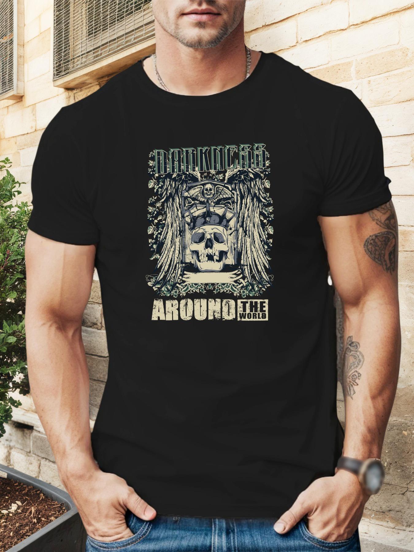Dark Skull & Shield Graphic T-shirt - DARKNESS Design with Eagle Wings S