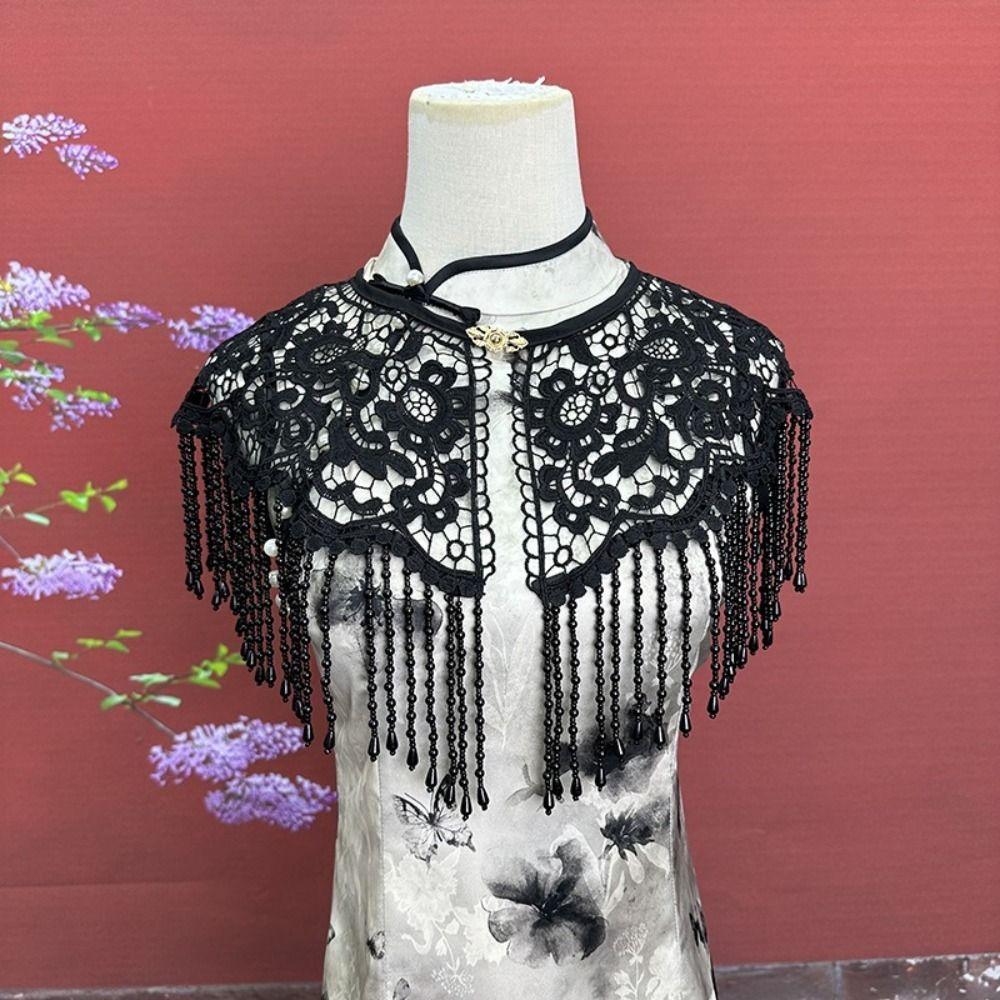 Handmade Pearl Tassel Shawl Vintage False Collar Hanfu Accessory Lace Shawl  Spring