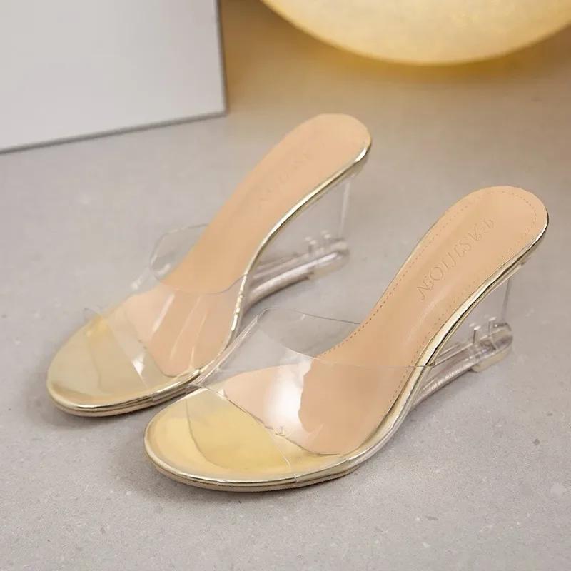 2025 Summer New Fashion High Heel Slippers Women's Transparent Slope Heel One Line Fairy Wind Cooling Slippers