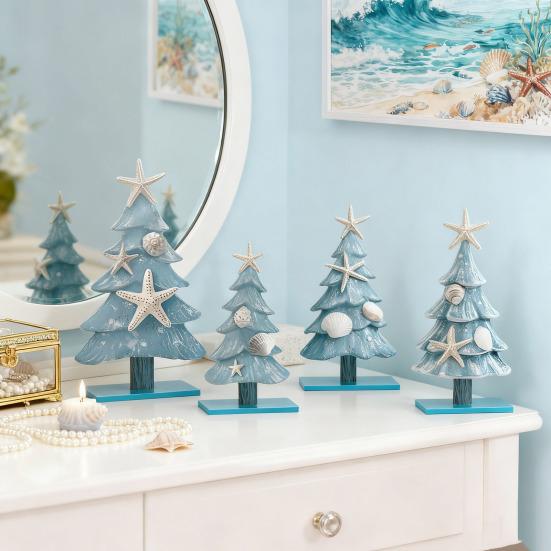 4Pcs/Set Blue Coastal Christmas Tree Ornaments Wooden Ocean-Themed Table Centerpieces Xmas Party Figure Home Decor