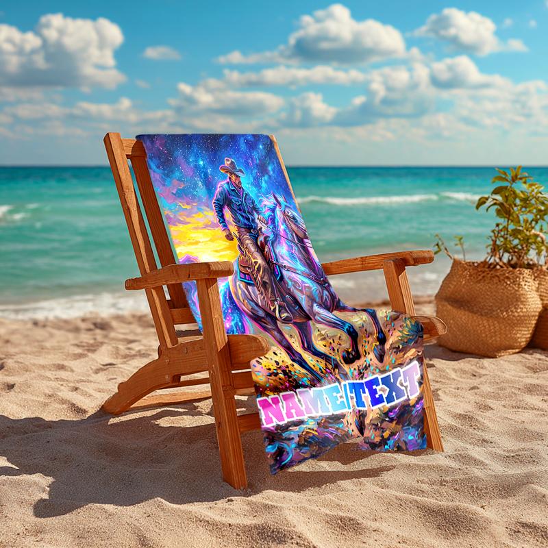 1PC Custom Name Cowboy Horse Sunset Beach Towel Highly Absorbent And Sand-Resistant Towel for Swimming, Pool, Yoga, And Travel Lightweight