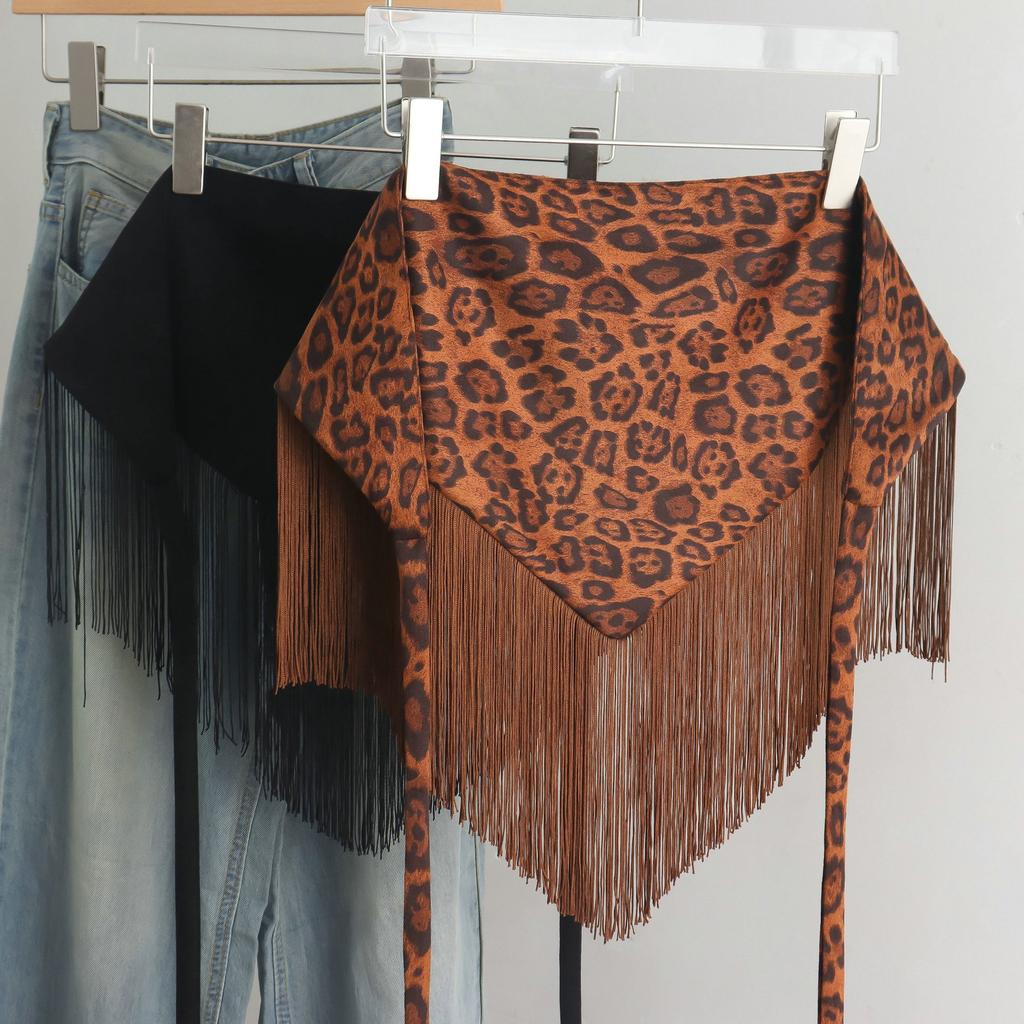 Millennium Hot Girl Style Leopard Print Tassel Fart Curtain Female American Retro Wide Belt with Skirt Jeans Waist Seal Scarf