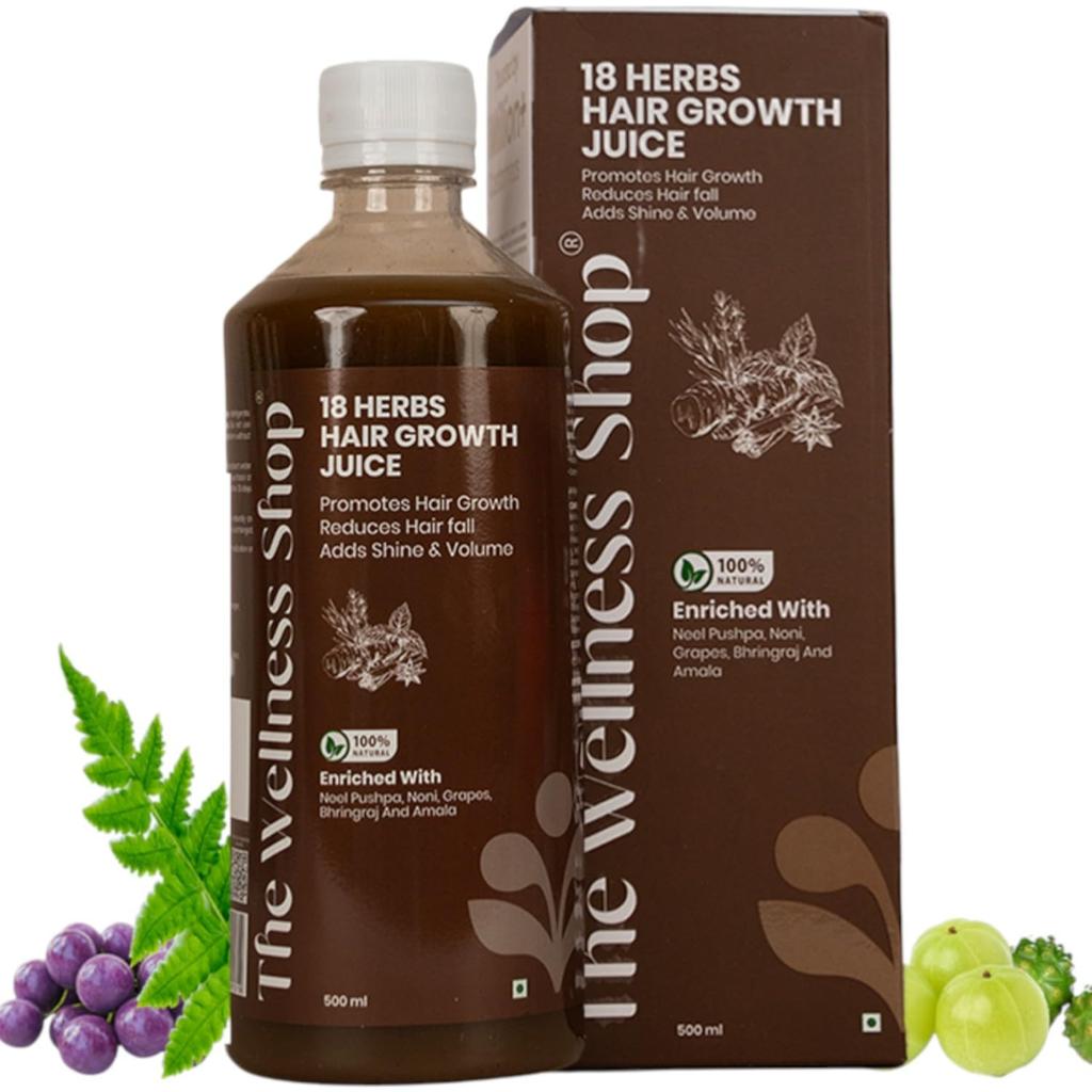 The Wellness Shop 18 Herbs Hair Growth Juice 500ml | Ayurvedic Herbal Drink with Bhringraj Amla Noni Vitamin C | Helps Hair Fall Control, Supports