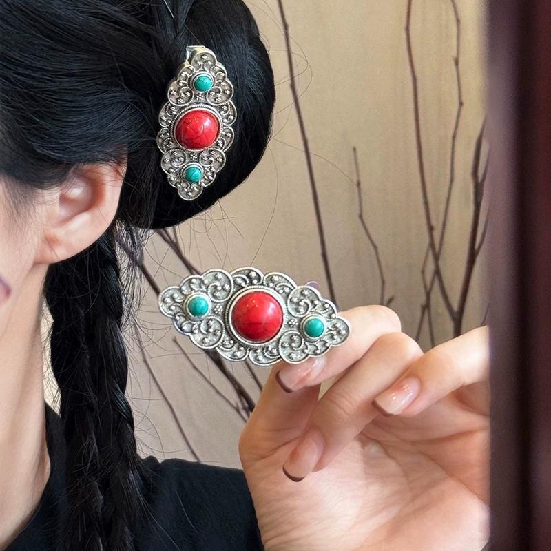 Oval Hollowed Flower Ethnic Style Luxury Temperament Side Duckbill Hair Clips Exquisite Accessories