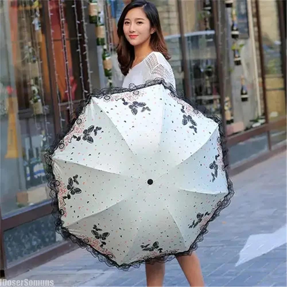 Butterfly Lace UV Umbrella Paraguas Manual for Woman Rain and Sun Gift New