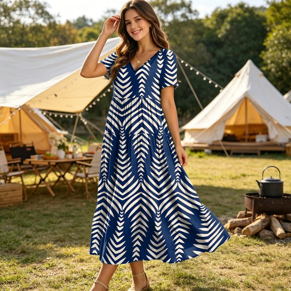 Damen Boho Batik-Print Kurzarm V-Ausschnitt Locker geschnittenes Kleid für den Sommer Freizeitkleidung