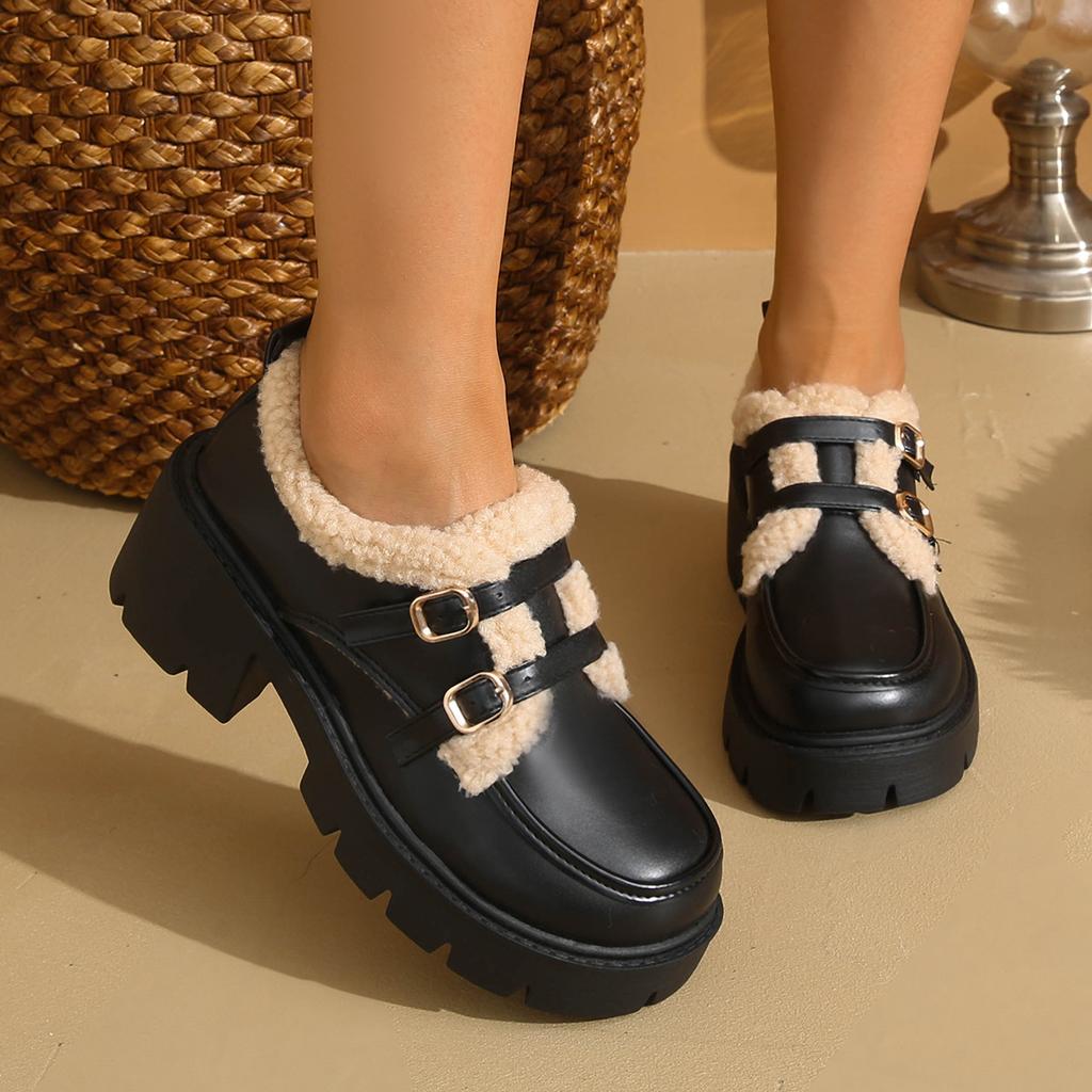 Women's thick soled large size thickened winter warm fur one snow boots padded lining ankle boots non-slip hiking sports shoes leather shoes Loafers