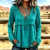 Women's Casual V-Neck Long Sleeve Color Cotton Linen Blouse for Everyday Wear