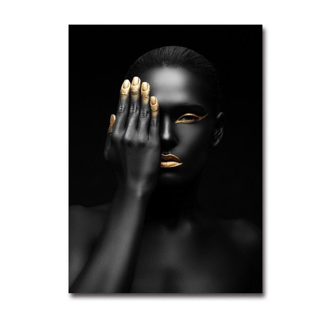 Modern Home Furnishing Black Skin Women Gold Makeup Shape Oil Painting Wall Art Poster Print Bedroom Living Room