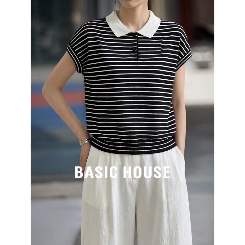 Basic House Women s Striped Tencel Polo T-shirt M