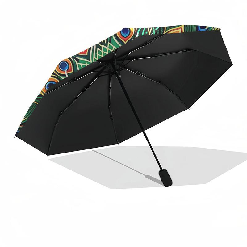 1pc Peacock Feather Design Automatic Folding Umbrella - Portable 3-Fold Design, 8-Rib Iron Frame Outdoor Umbrella, Festival Gift for Fans, Travelers,
