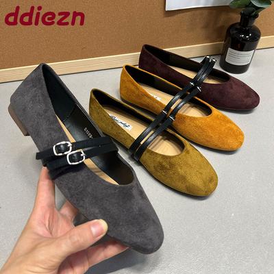 Mode Neue Mode Flock Damen Ballerinas Tanzschuhe Runde Zehenpartie Weiblich Flache Schuhe Schnallenriemen Damen Mary Janes Ballerinas
