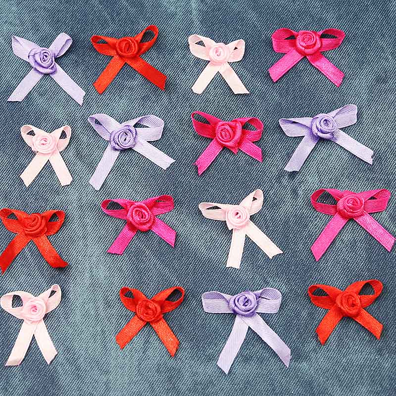 (50pcs/bag) 3.5*4cm Rose Polyester Handmade Single Face Stain Bows for Christmas Gift Wrap Solid Color Hair Accessory Bows