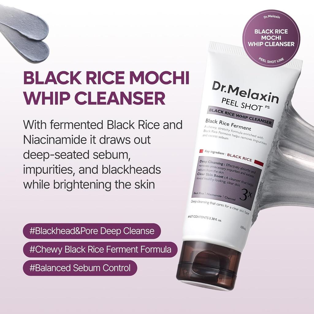 Dr.Melaxin Peel Shot Black Rice Mochi Whip Cleanser 100ml formuliert für Mitesser, verstopfte Poren, überschüssigen Talg und fahle Haut