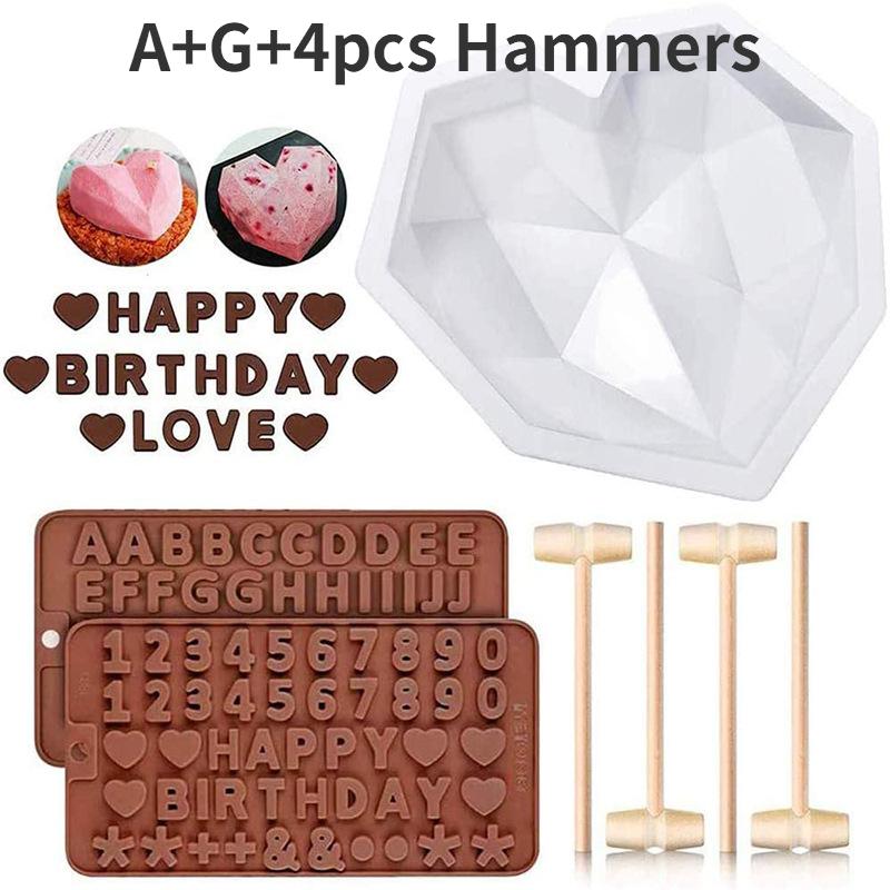 Silicone Diamond Love Baking Mold Set Letter Number Molds 1/6/8 Cavity Heart Mousse Pastry Cake Chocolate Soap Candle Mould