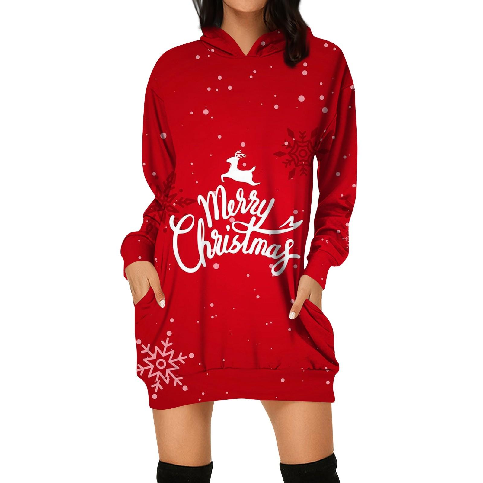 

Жіночі зимові сукні Модні жіночі різдвяні принти Плаття з капюшоном і кишенями з літерами XL
