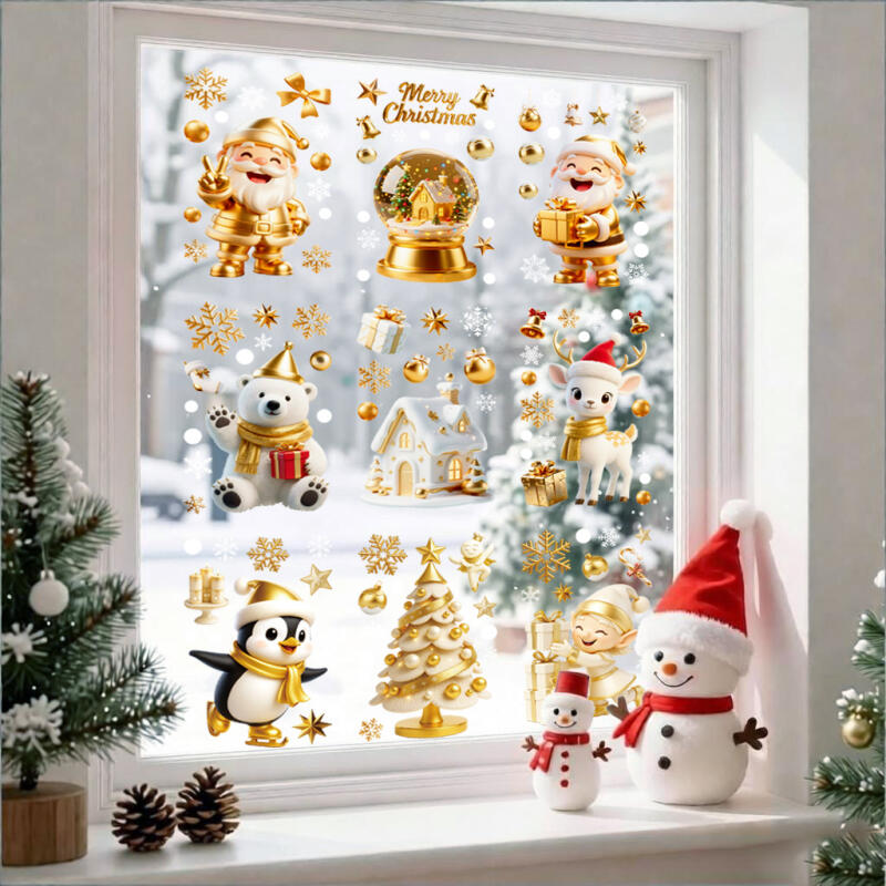 Christmas Window Clings, PVC Static Double-Sided Stickers with Snowflakes and Winter Character Designs for Glass Decor