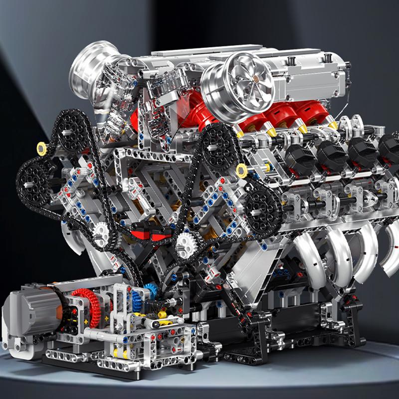 Mould King 10219 Technical Car Toys The Motorized F488 Supercar V8 Engine Building Block Assembly Engine Set Kids Christmas Gift