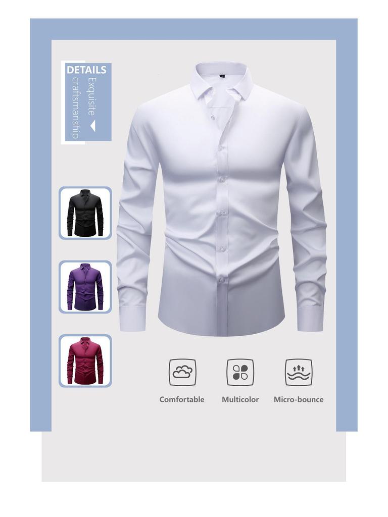 Men's White Four-Way Stretch Wrinkle-Resistant Long Sleeve Shirt - Formal and Casual Plus Size