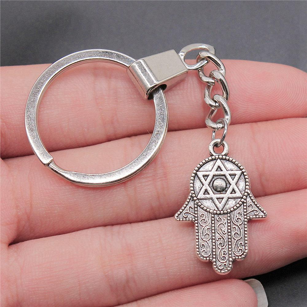 Star of David Talisman Amulet Pendant Antique Bronze Metal Keychain with 30mm Ring for Boys Bag Charm