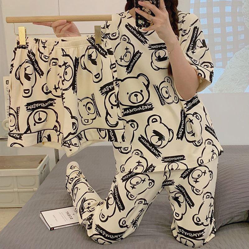 Summer new pajamas female cute cartoon short sleeves short trousers women's casual loungewear three-piece set