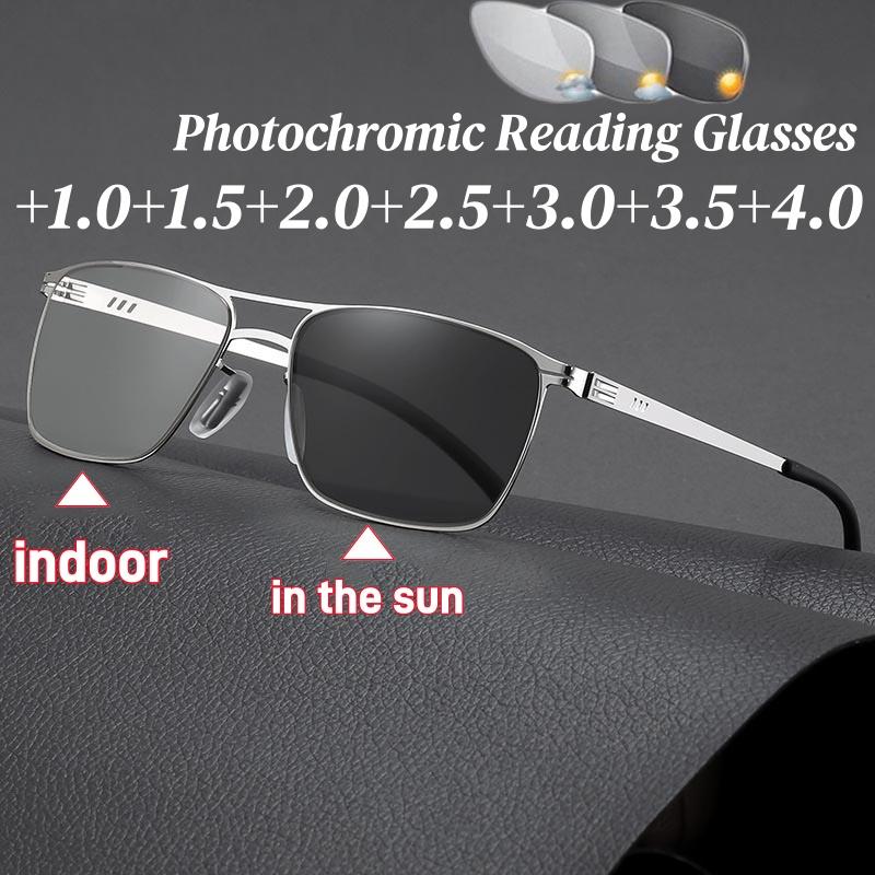Retro Double Beam Metal Photochromic Reading Glasses Vintage HD Anti Blue Light Ultra Light Men's Business Presbyopia Glasses
