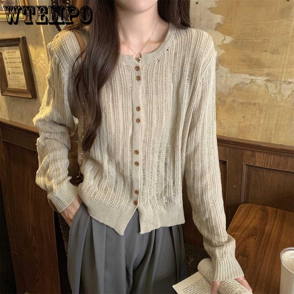 Hollowed-out Knitted Sweater for Women Long-sleeved Korean-style Knitted Cardigan Loose Knitted Sweater Top Sweater