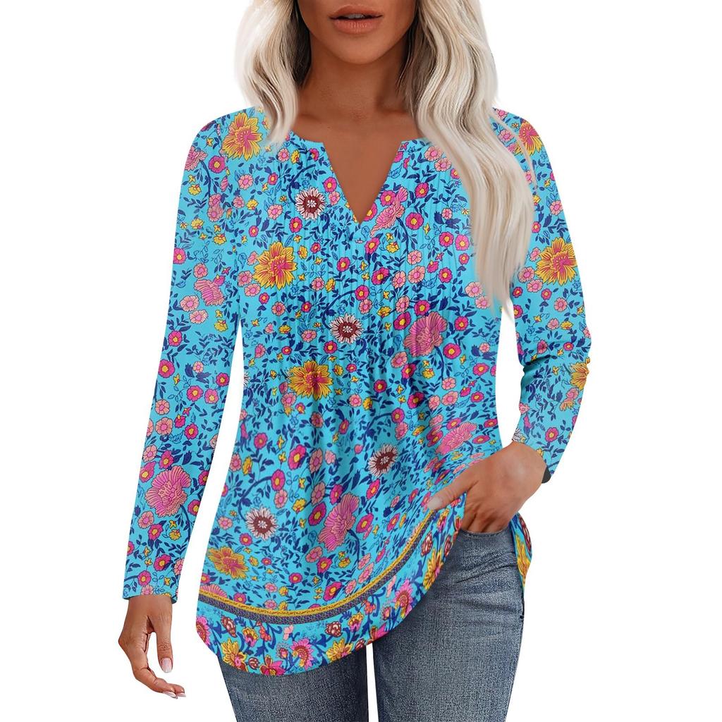 Women's Fashion Casual V Neck Floral Print Long Sleeve Pleated Blouse Top Lightweight Comfortable Soft Fabric Stylish Design