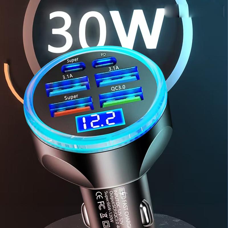 6 In 1 Full PD 30W USB Car Charger with Voltmeter Type C 4 USB A Multi Port Super Fast Charging Adapter with Voltage Display New