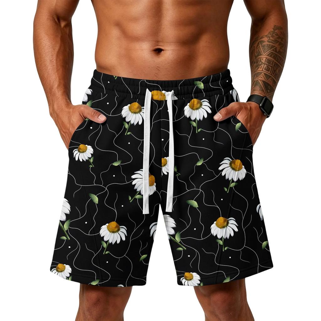 Men Floral Print Loose Fit Athletic Training Gym Beach Shorts with Pockets Elastic Waistband Drawstring Casual Sportswear