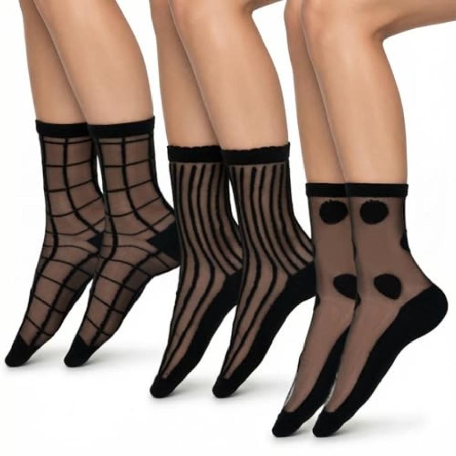 3 Pairs Black Sheer Socks Women Ankle, Women Sheer Ankle Socks Polka Dot Dress Sock See Through Sock, Dots, Stripes And Geometr