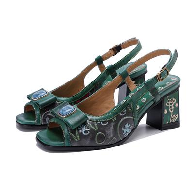 Handgemachte bemalte Damenschuhe aus echtem Leder, bequeme Sandalen mit dickem Absatz und hohen Absätzen