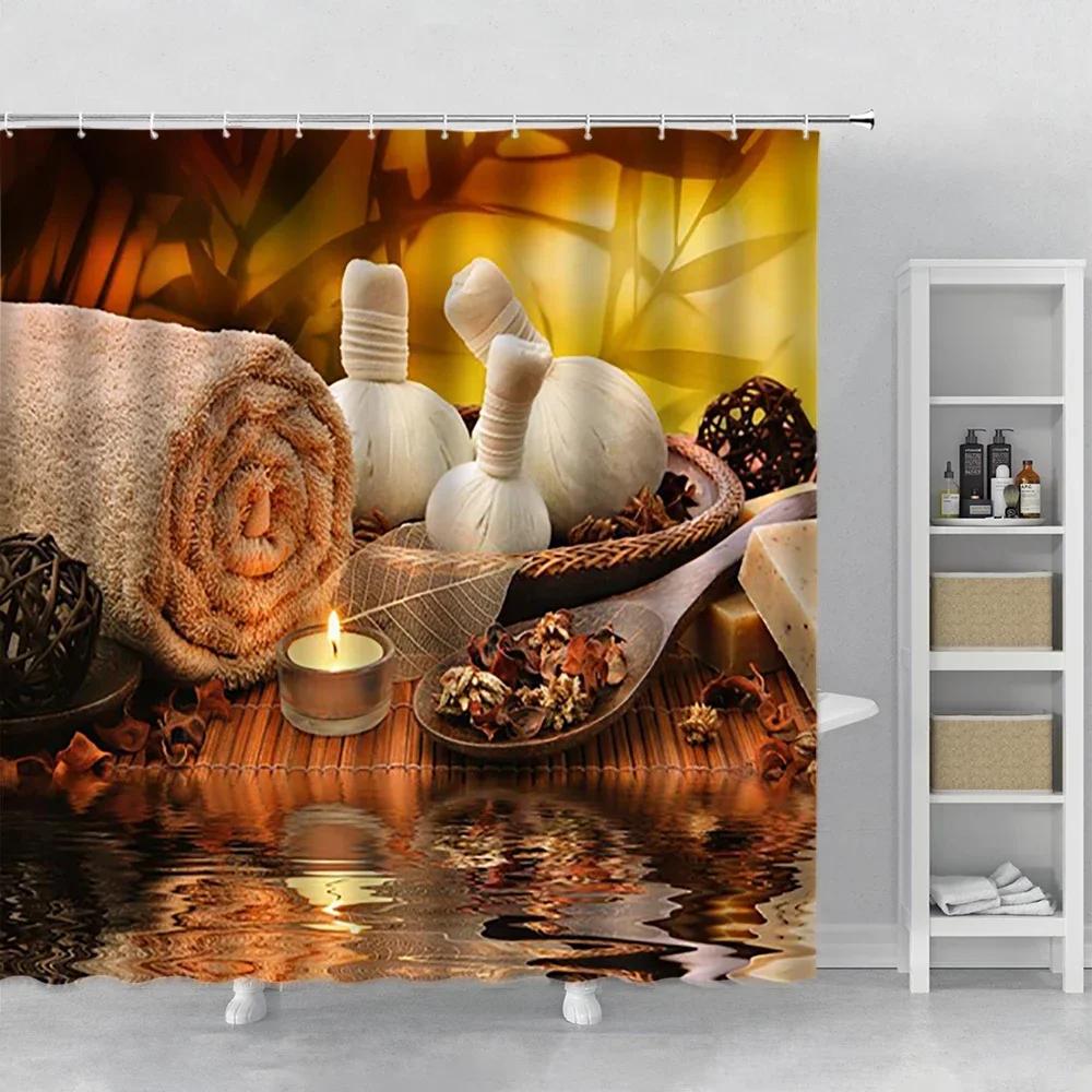 

Zen Stone Green Bamboo Shower Curtains Lotus Stream Spa Landscape Bathroom Waterproof Bath Curtain Fabric Home Bathtub Decor W60H190(CM)-1 Pcs
