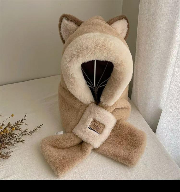 Cute Little Bear Scarf Hat Warm One Piece Hat Hair Korean Version Hooded Mask Plush Hat Winter Skiing and Cycling Comfortable