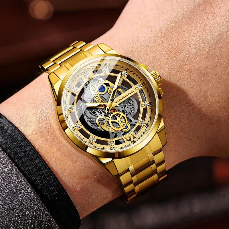 BINBOND Neue Herrenuhr, authentischer Luxus, trendige, ausgehöhlte, leuchtende, wasserdichte Quarzuhr aus Edelstahl/Leder