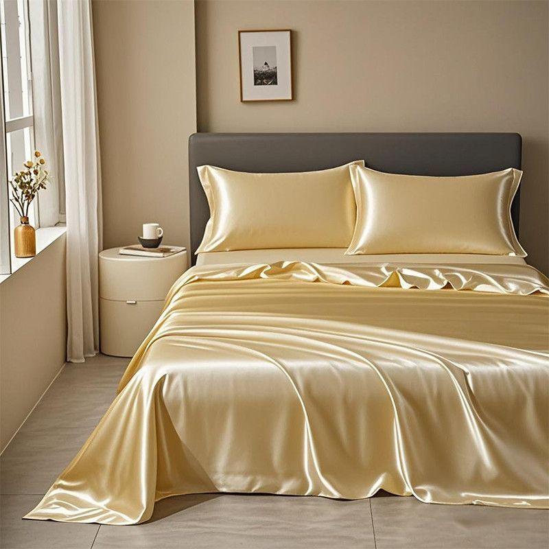 Ice Silk Bed Sheet Set Summer Cooling Solid Color Soft Durable Machine Washable Dormitory Single Bedding Set