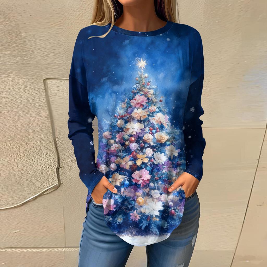 Weihnachts-Stil Damenbekleidung Schneeflocke Weihnachtsbaum Print Pullover Rundhalsausschnitt Langarm T-Shirt Festlich Lässig Lockeres Oberteil