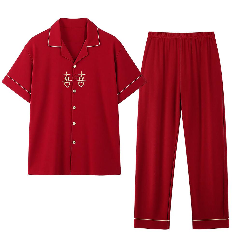 Happy button~ Summer pure cotton wedding couple pajamas red short-sleeved trousers newlywed men's and women's loungewear set