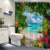 1pc Shower Curtain - Tropical Paradise with Vibrant Flowers and Ocean View Design Waterproof