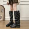 Belt buckle retro pleated new stacking boots women's autumn boots 2025 tall knight versatile large size boots