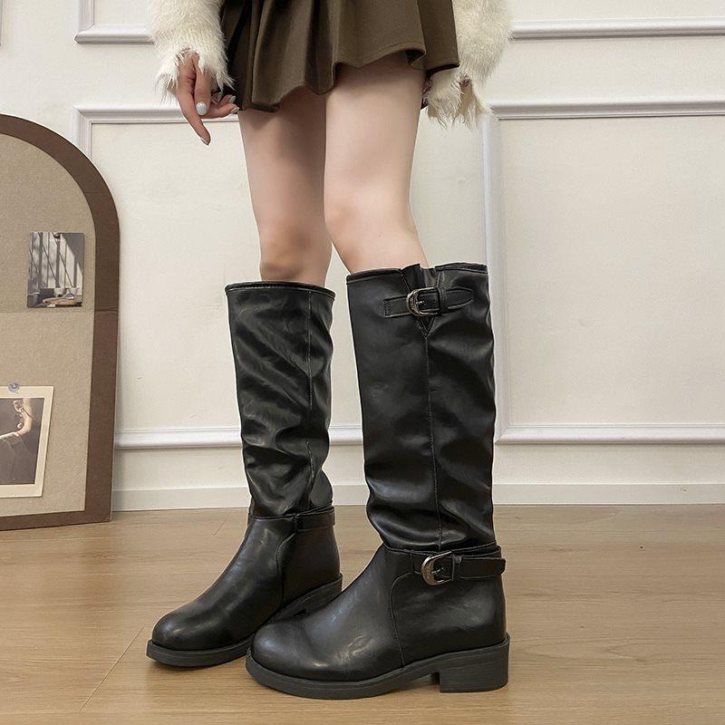 Belt buckle retro pleated new stacking boots women's autumn boots 2025 tall knight versatile large size boots