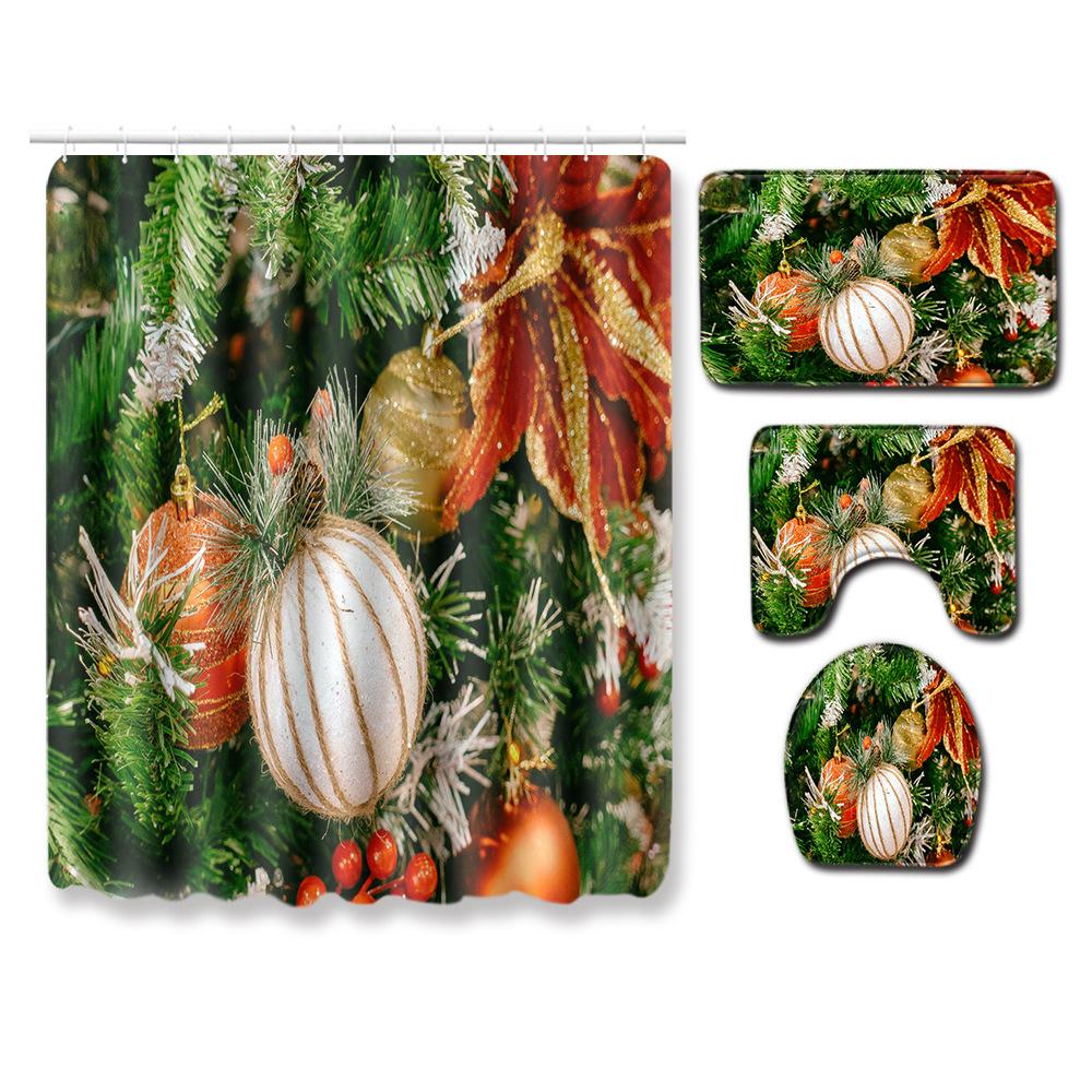 Christmas Shower Curtain Floor Mat Combination Four-Piece Set Bathroom Toilet Carpet Shower Room Mat Foot Mat