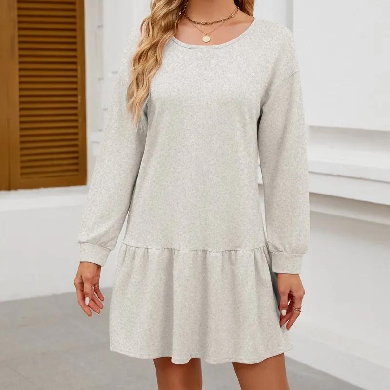 Women's Dress Autumn Winter Female Solid Round Neck Long Sleeve Loose Fashion Casual Simple Dress Women