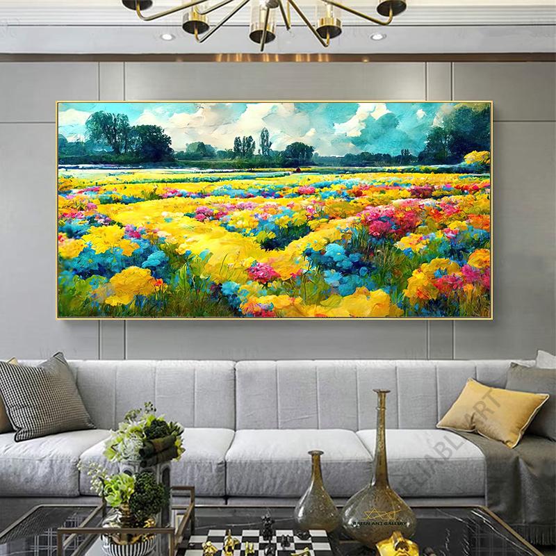 Abstract Colorful Flower Field Canvas Painting Printed On Canvas Floral Landscape Posters and Prints for Living Room Wall Decor