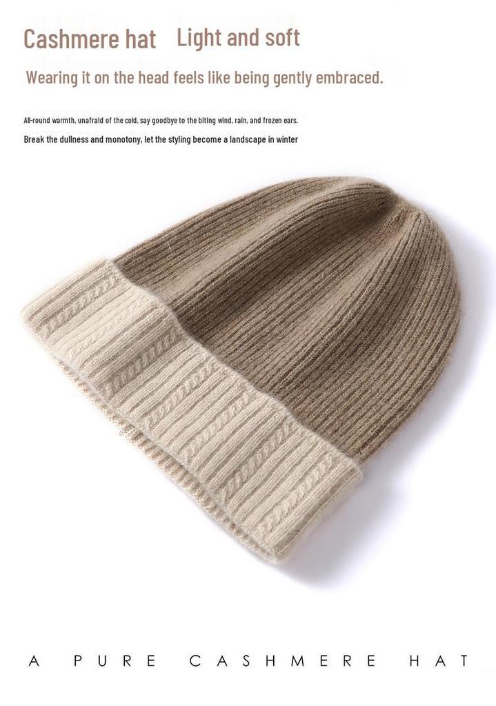 Unisex 100% Cashmere Color Block Knit Hat with Ear Protection