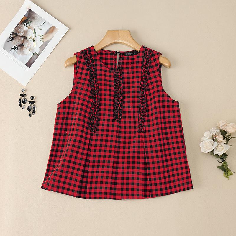 

ZANZEA Women Summer Round Neck Sleeveless Plaid Print Tank Tops 5XL вина червоного кольору