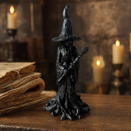 Witch Statue, Gothic Halloween Resin Witch Figurine, Dark Fantasy Ornament for Desktop, Bookshelf, Home, Office Decor